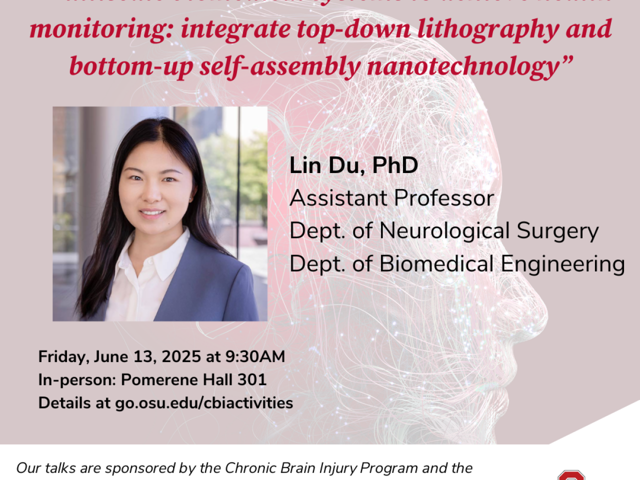 Du NTRIPS Flyer information. Pictured wearing a blue blazer and a white collard blouse.