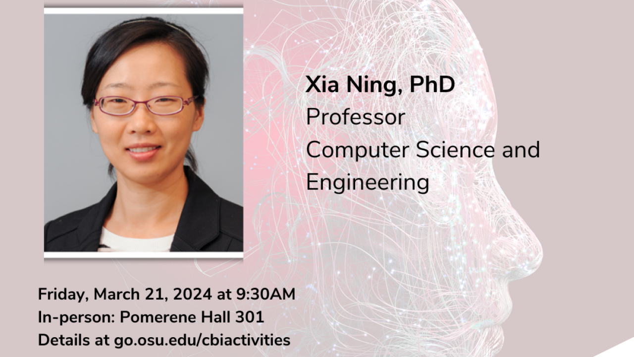 Xia Ning flyer with seminar information. Dr. Ning is pictured wearing a suit jacket and white blouse.