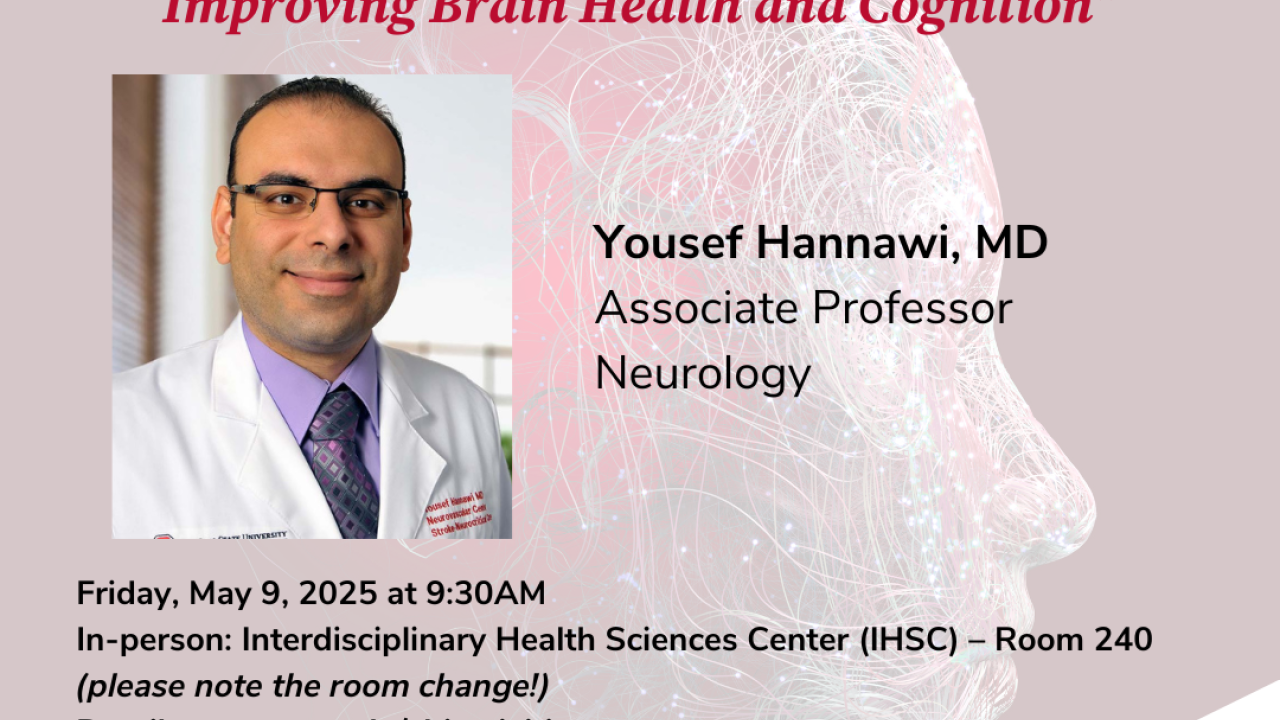 Dr. Hannawi pictured wearing a lab coat and tie with flyer details.